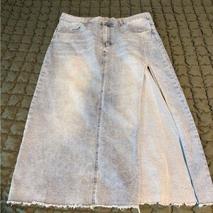 Light Blue Denim Midi A-Line Skirt with Side Slit